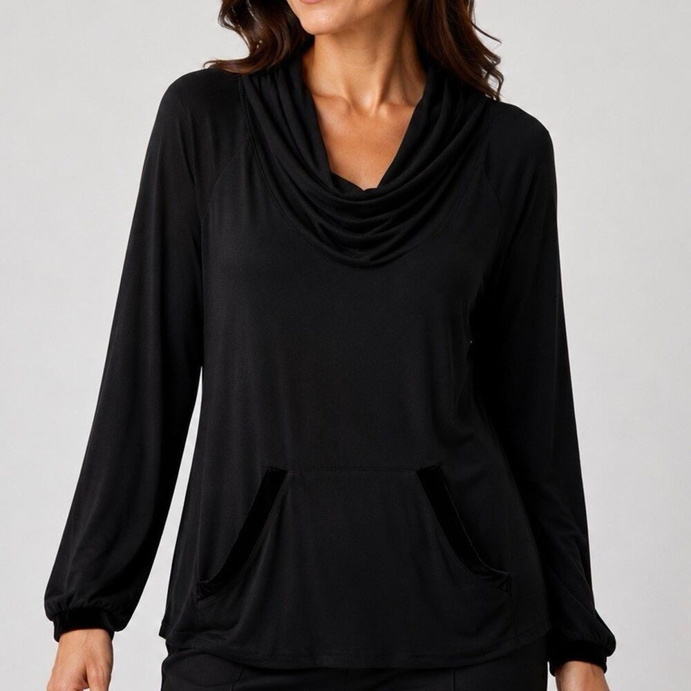 XCVI Velvet Trim Cowl neck Top Large Black Pullover Long sleeve Kangaroo Pocket